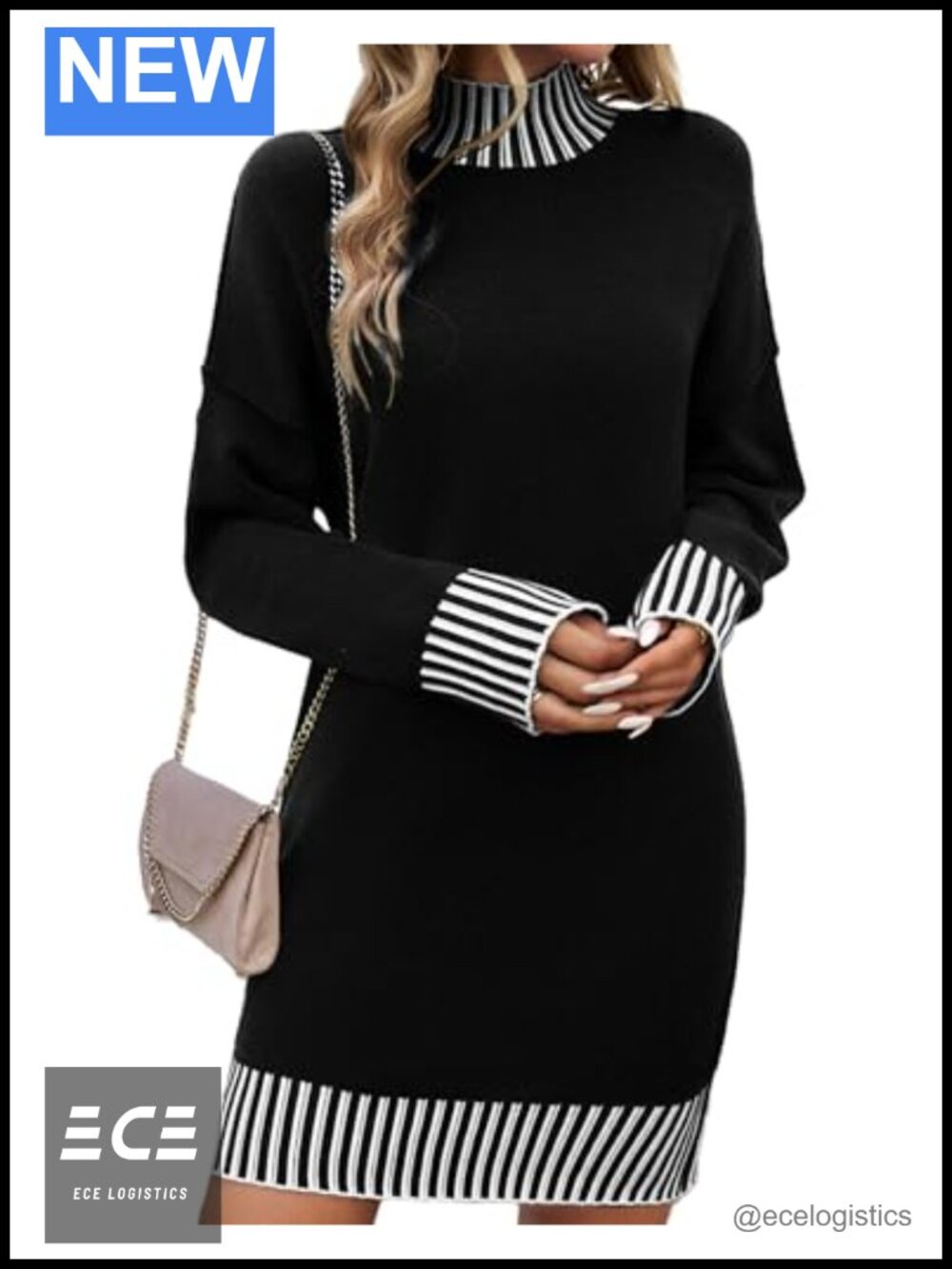 Mock Neck Knit Sweater Dress Long Sleeve Reverse Seam Drop Shoulder